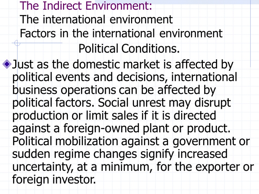 The Indirect Environment: The international environment Factors in the international environment Political Conditions. Just